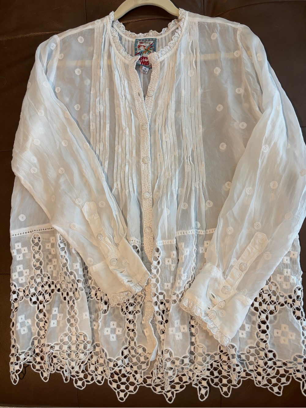 Johnny Was White Lace-Trim Pintuck Button Front Bohemian Blouse